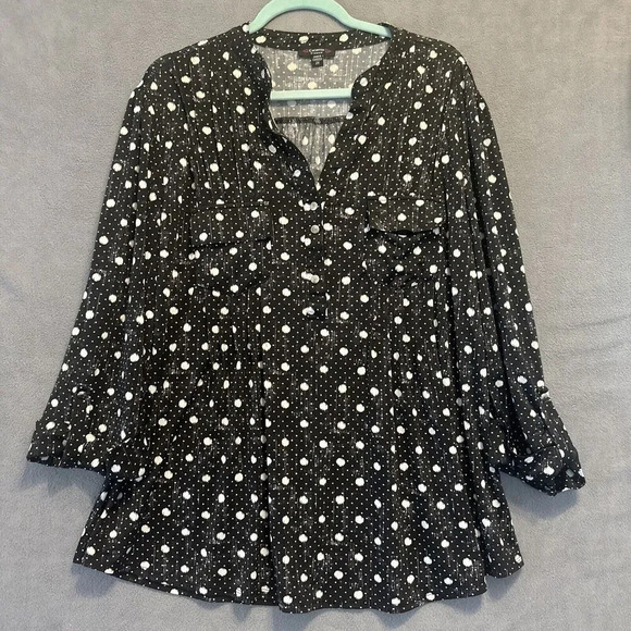 Cocomo Woman Popover Top Roll Tab Stretch Blouse Plus Size 2X Black White Career - Picture 1 of 8